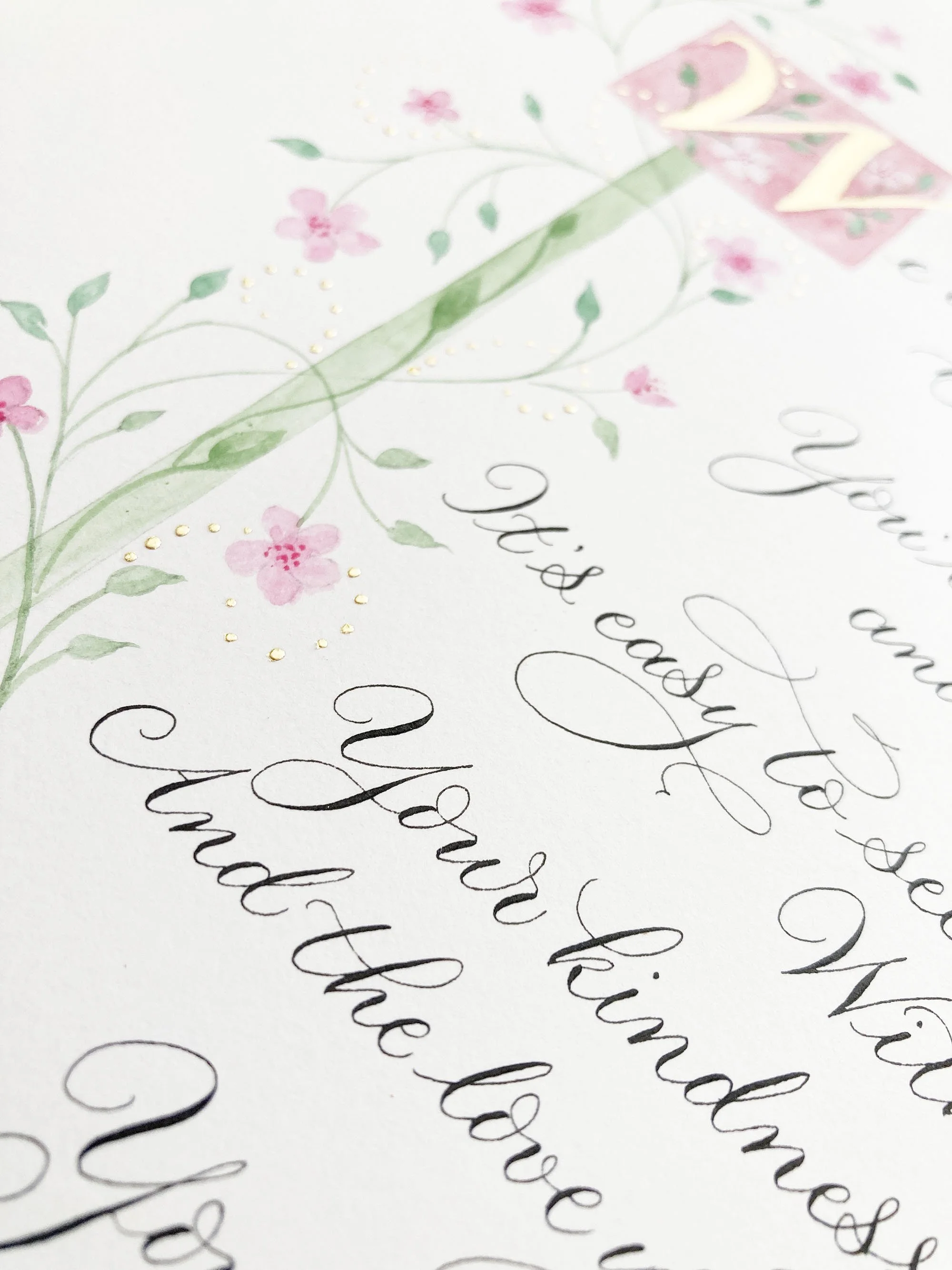 Calligraphy close up with modern lettering and floral border
