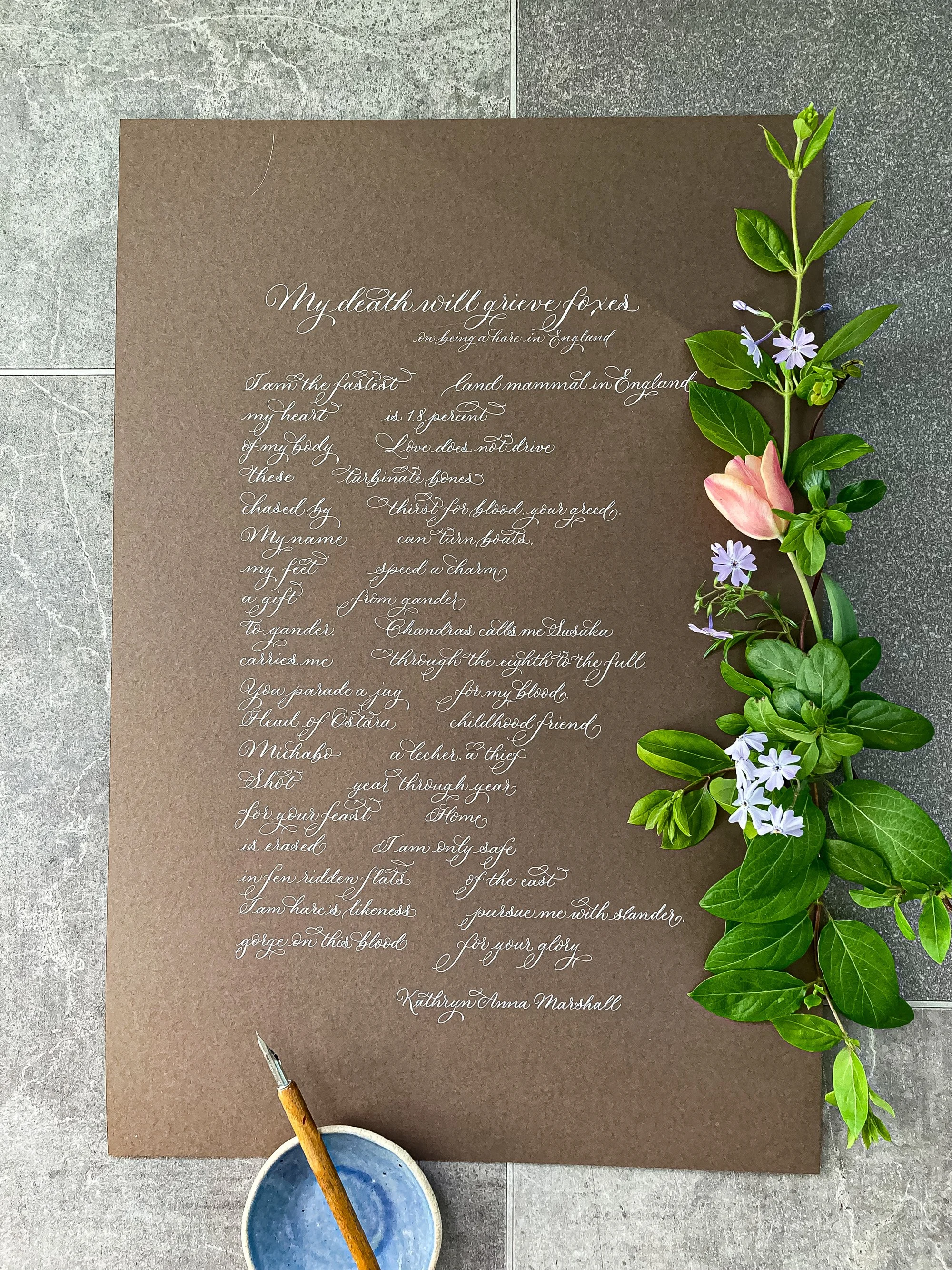 Modern calligraphy in a delicate script for a personalised poem gift