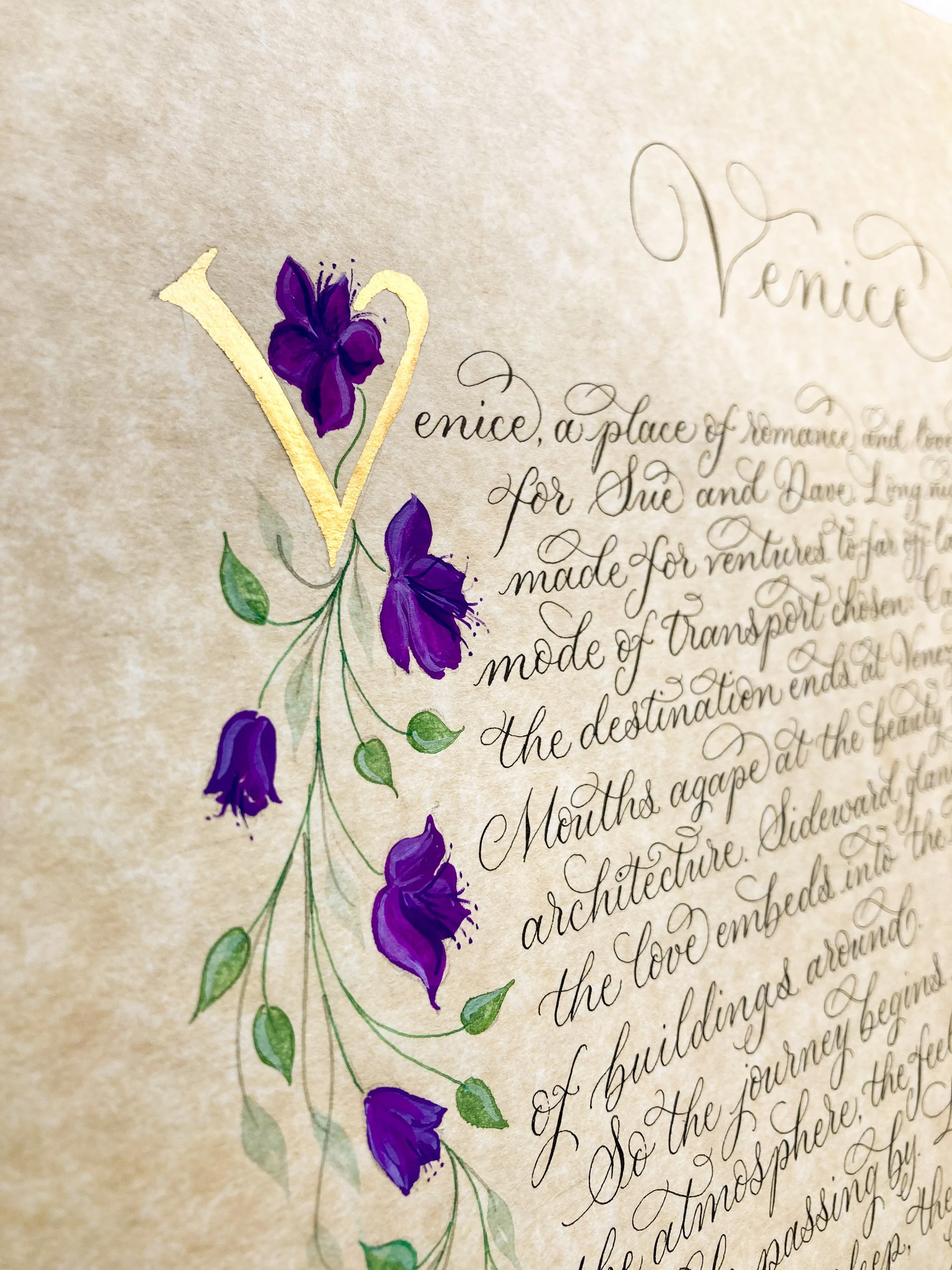 Calligraphy poem in modern copperplate lettering with purple flower illustrations on parchment effect paper | By Moon & Tide Calligraphy UK Est. 2005