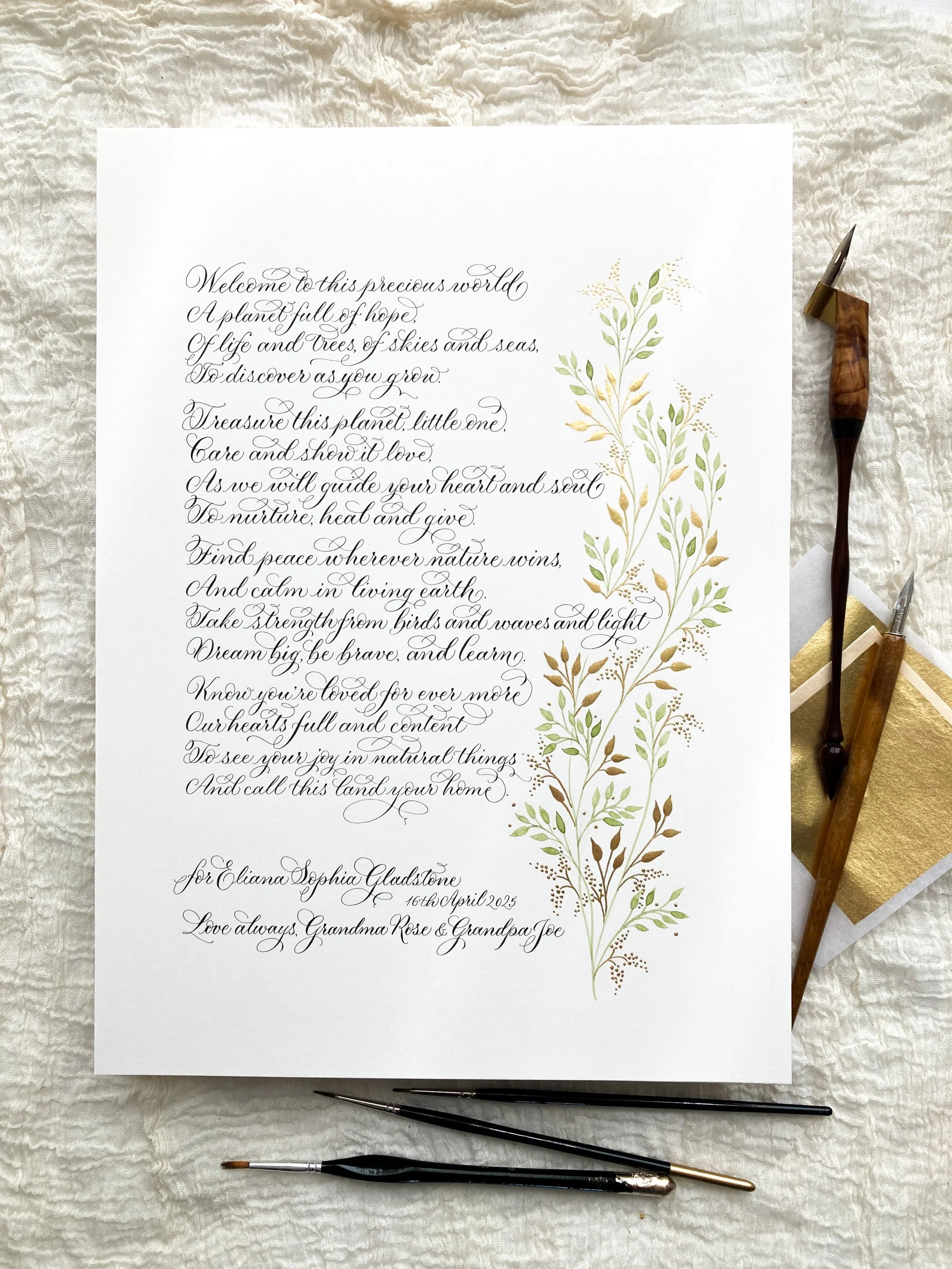Illustrated calligraphy poem in a modern script handwritten with dip pen and ink by Claire at By Moon and Tide, illustrated with green and 23 carat gold leaves
