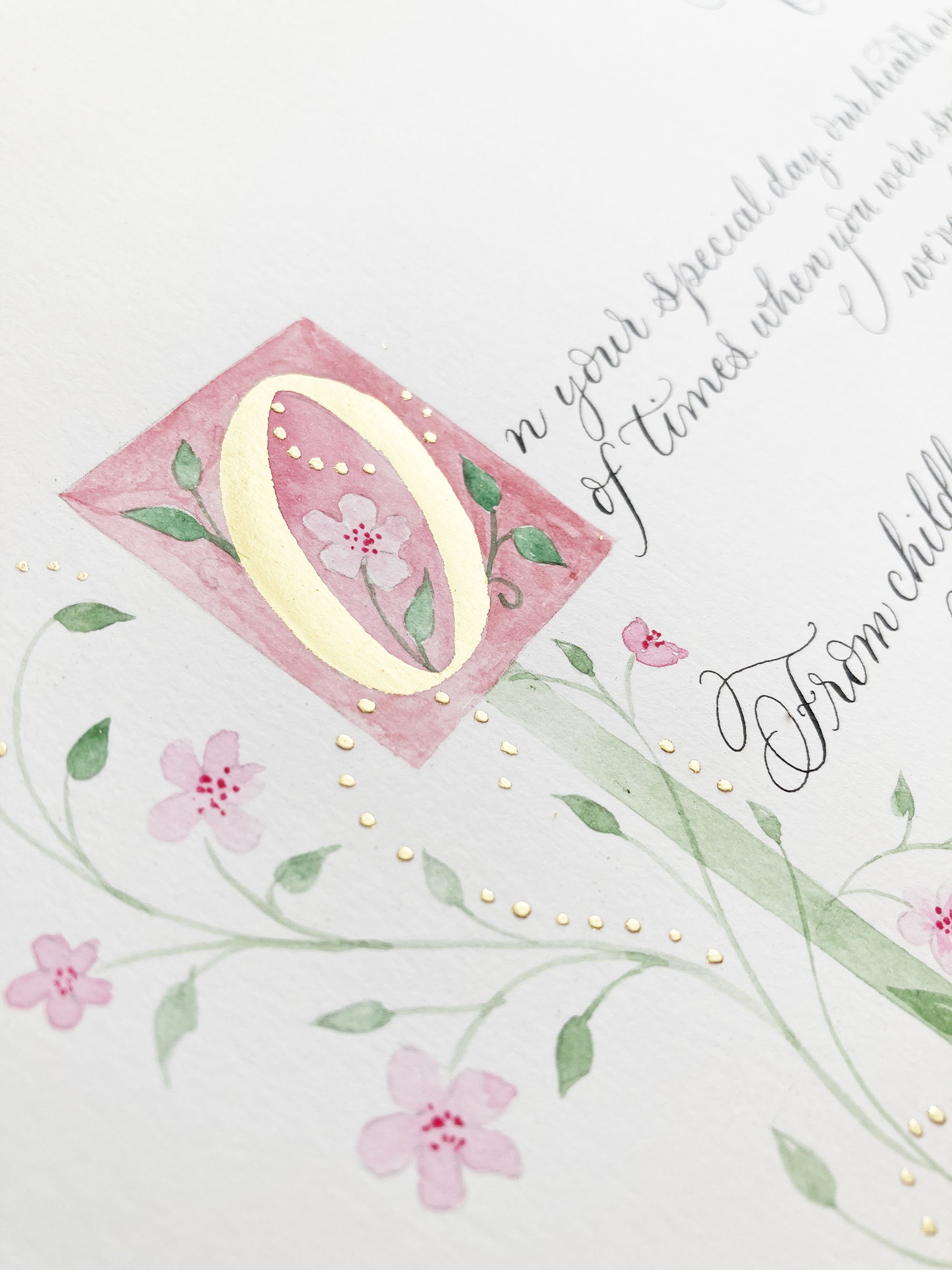 Delicate modern calligraphy gift with 23 carat gold illuminated letter