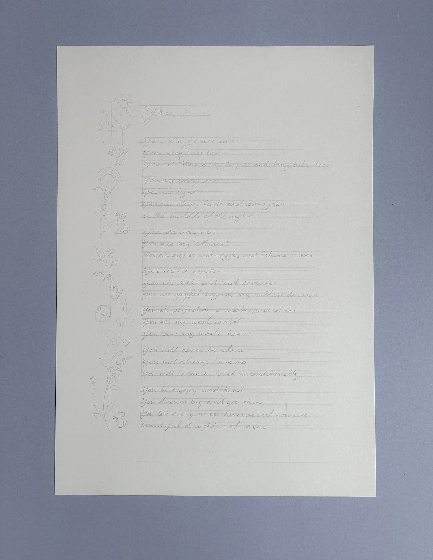 light pencil sketch of a handwritten poem with illustrations down the left hand side