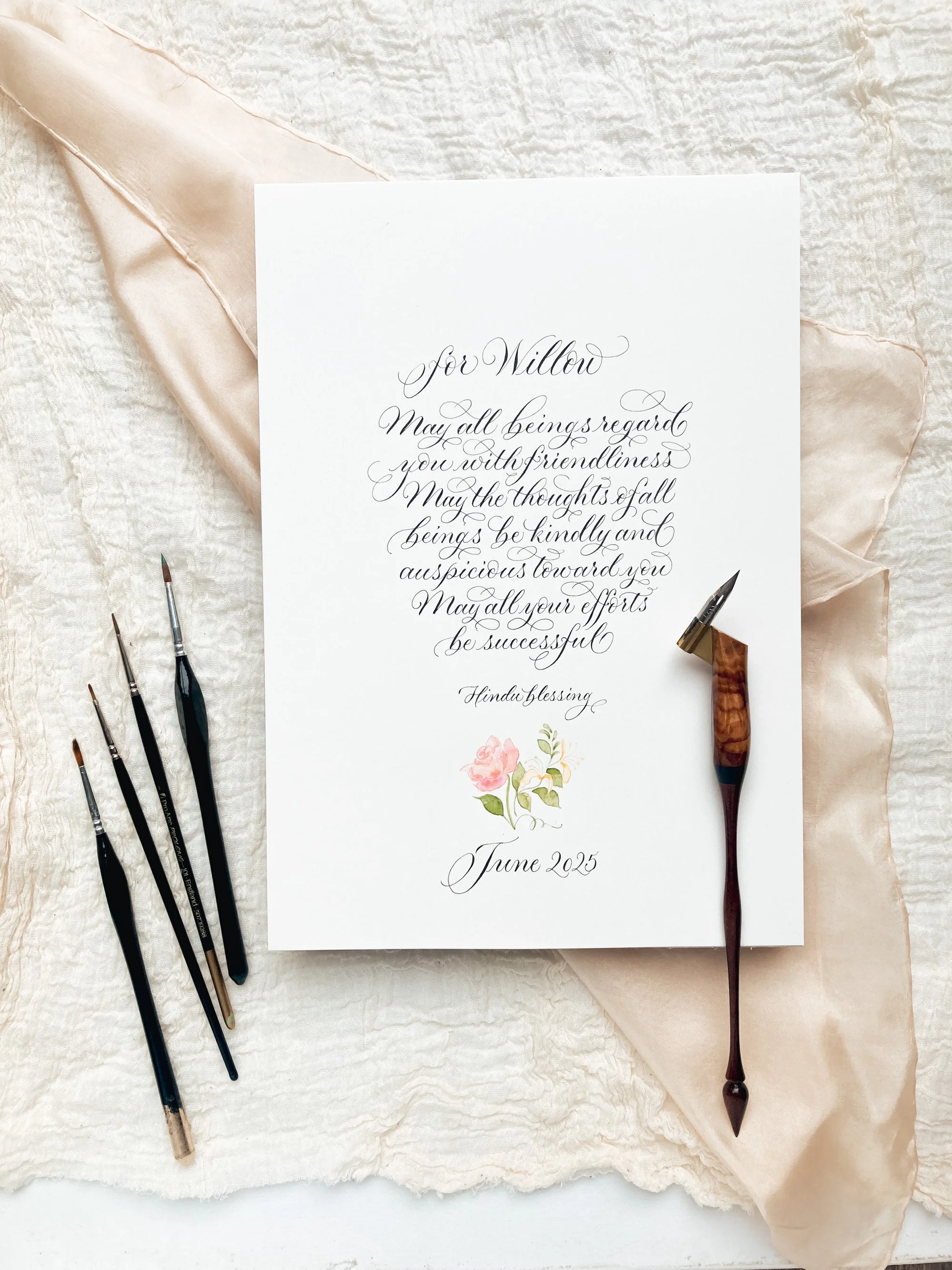 Modern calligraphy poem written by hand with rose illustration