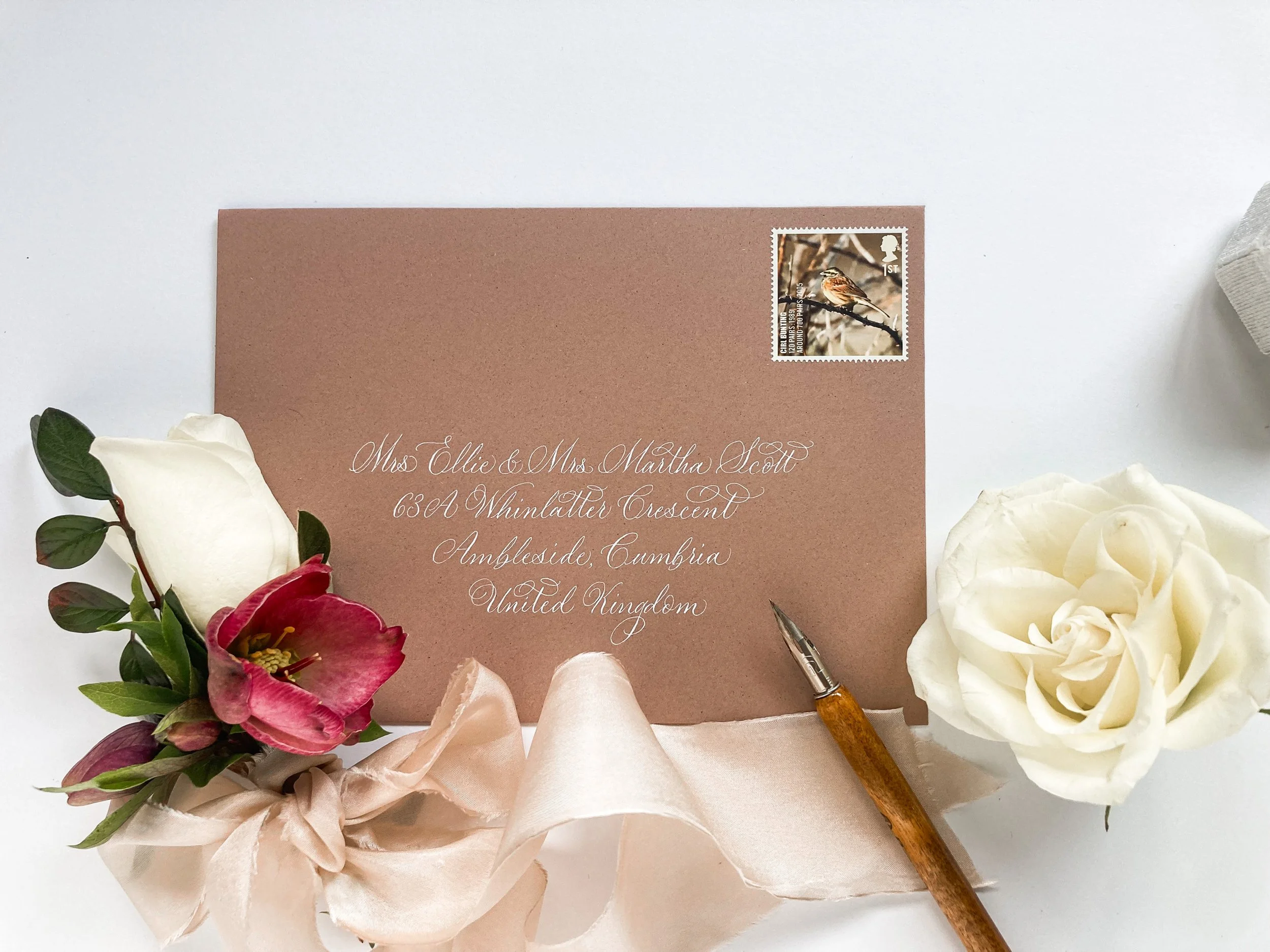 Calligraphy envelope addressing example in a very modern script by Claire at By Moon & Tide UK