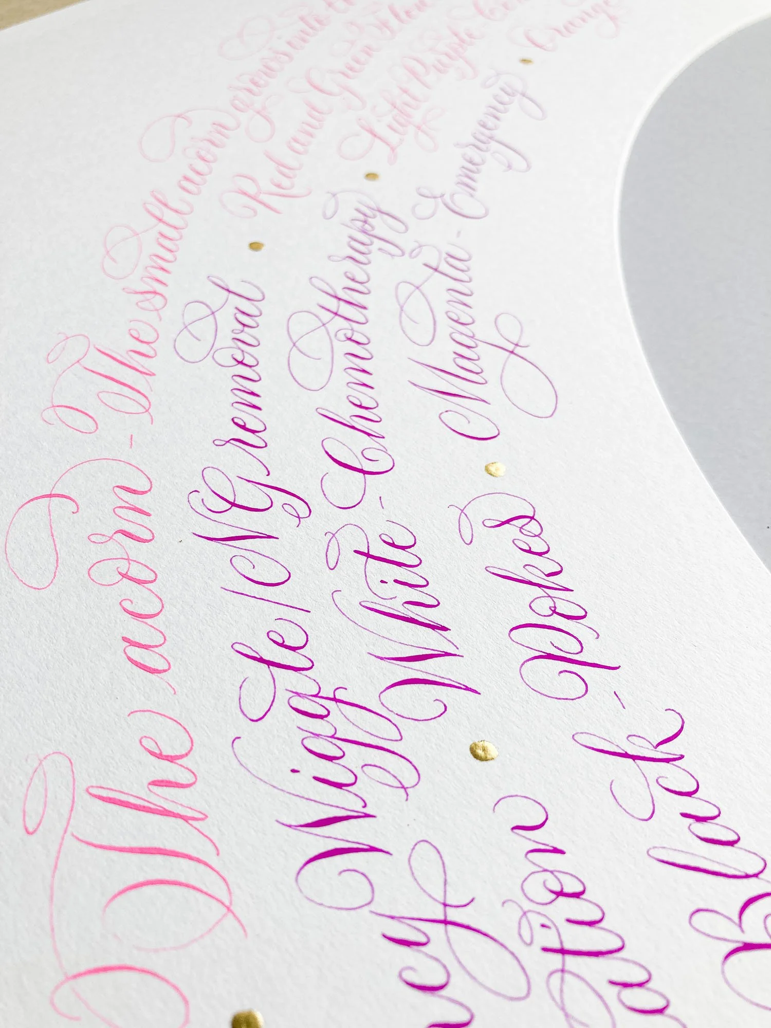 Close up of handwritten calligraphy with gold leaf dots in a circular pattern