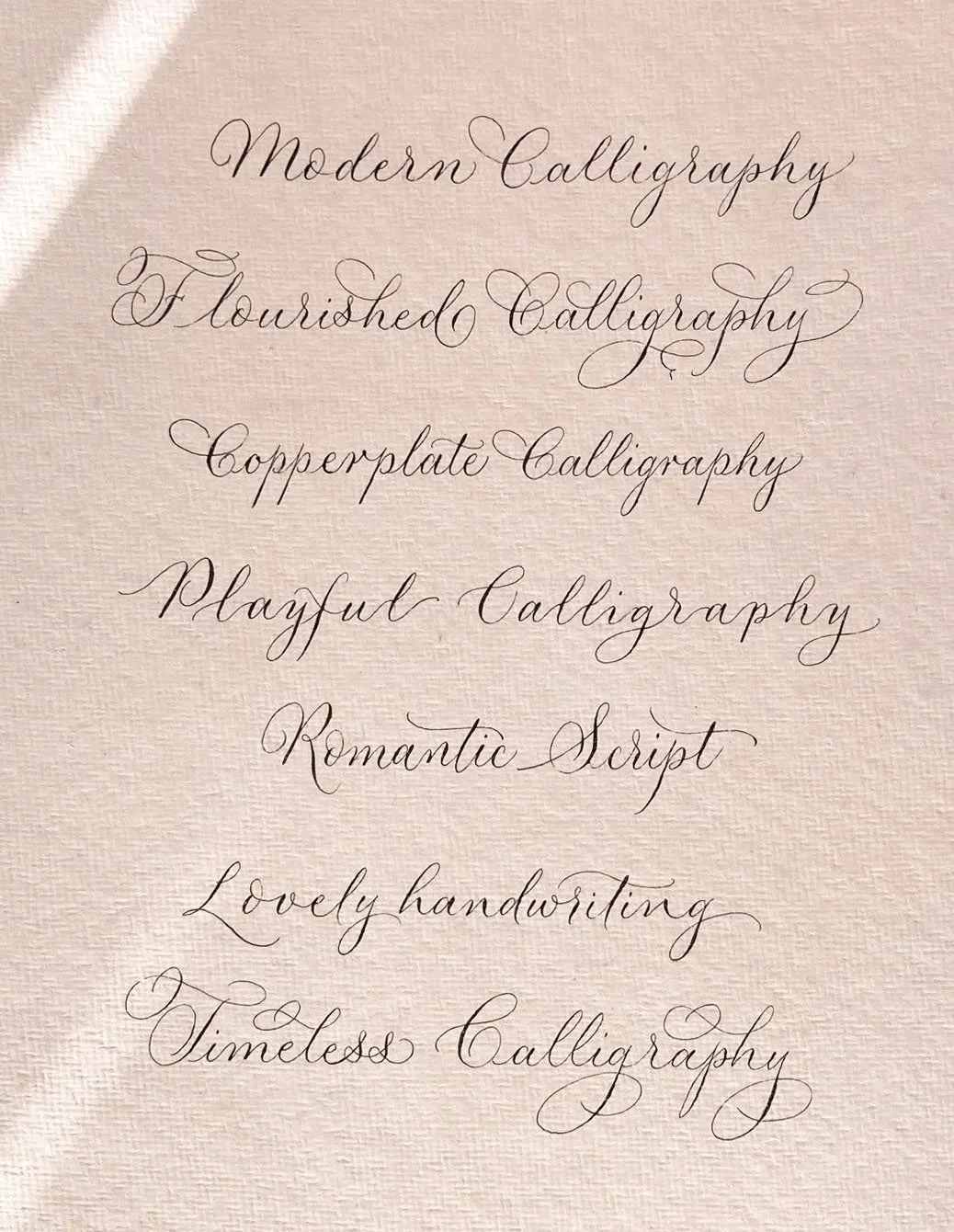 Script exemplar showing seven handwritten calligraphy styles named Modern, Flourished, Copperplate, Playful, Romantic, Lovely handwriting and Timeless Calligraphy