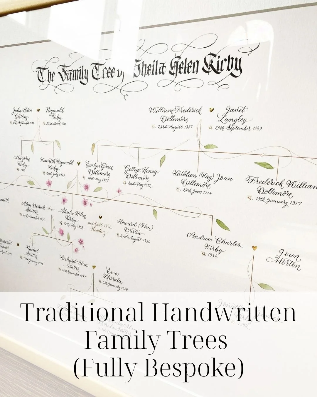 Traditional handwritten family tree example showing calligraphy heading in blackletter script and names in a modern style, with leaf and blossom illustration By Moon & Tide Calligraphy north west UK