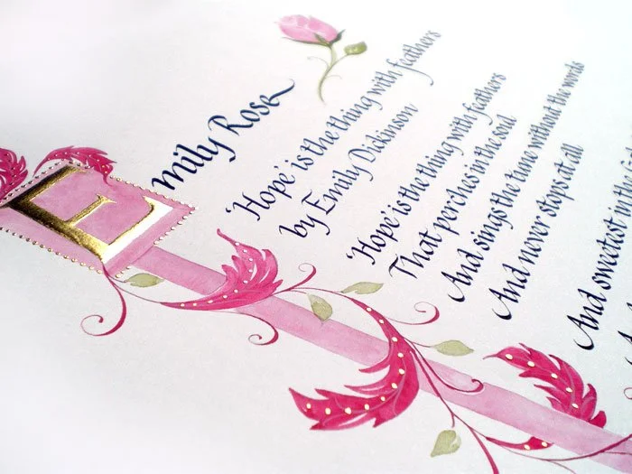 Calligraphy poem handwritten in italic script with pink and gold border illustration and gold leaf