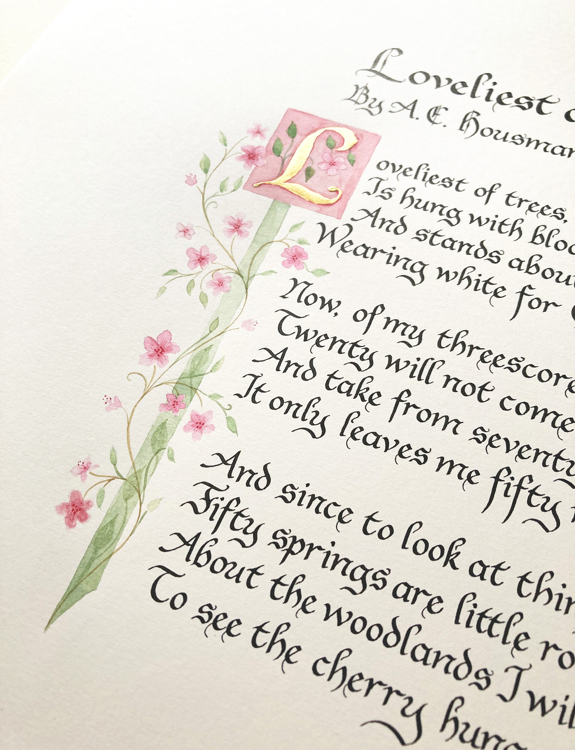 Traditional calligraphy poem with green and pink floral border