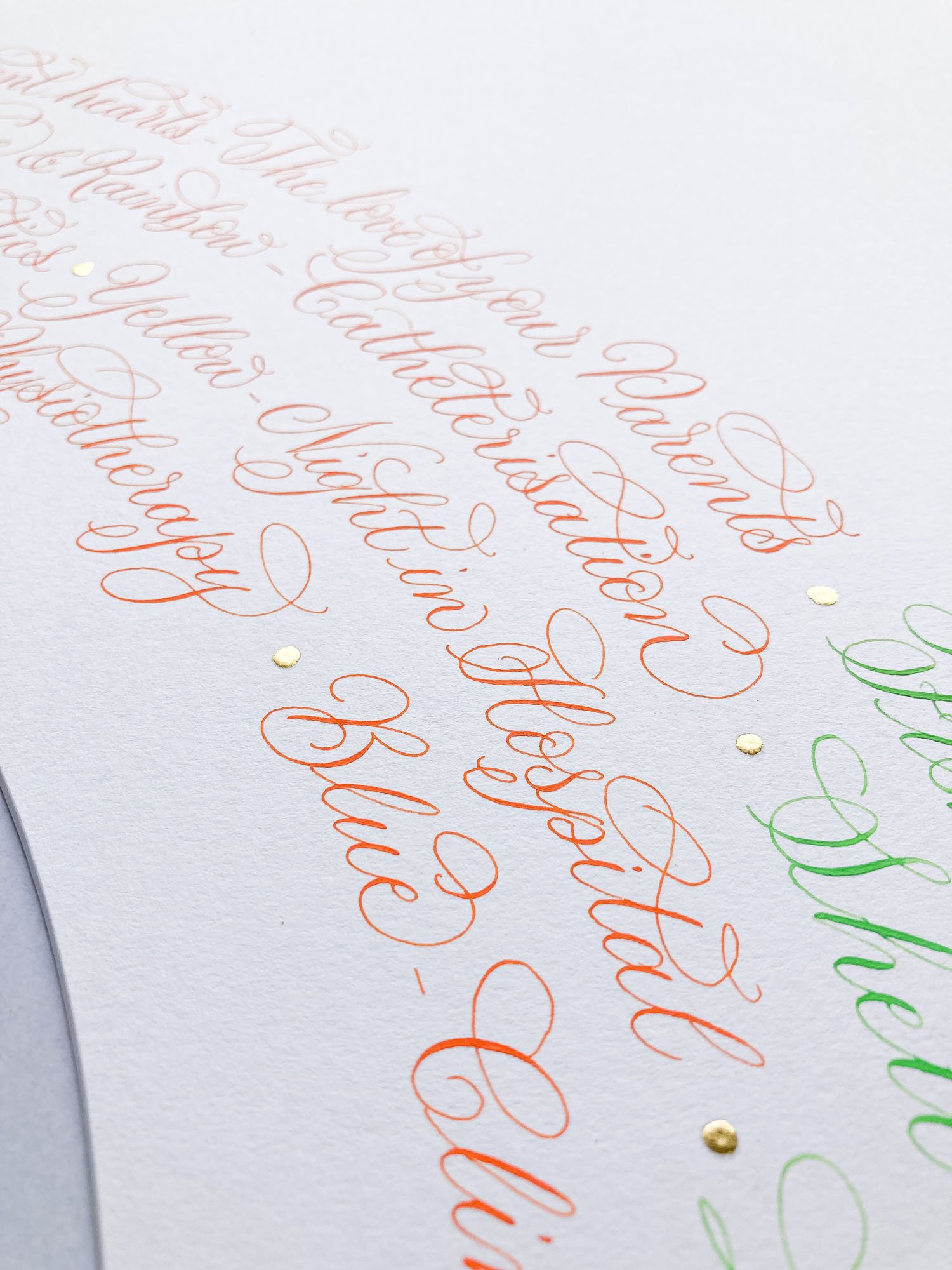 Close up of calligraphy in colour written by hand in a circular pattern with 23 carat gold leaf