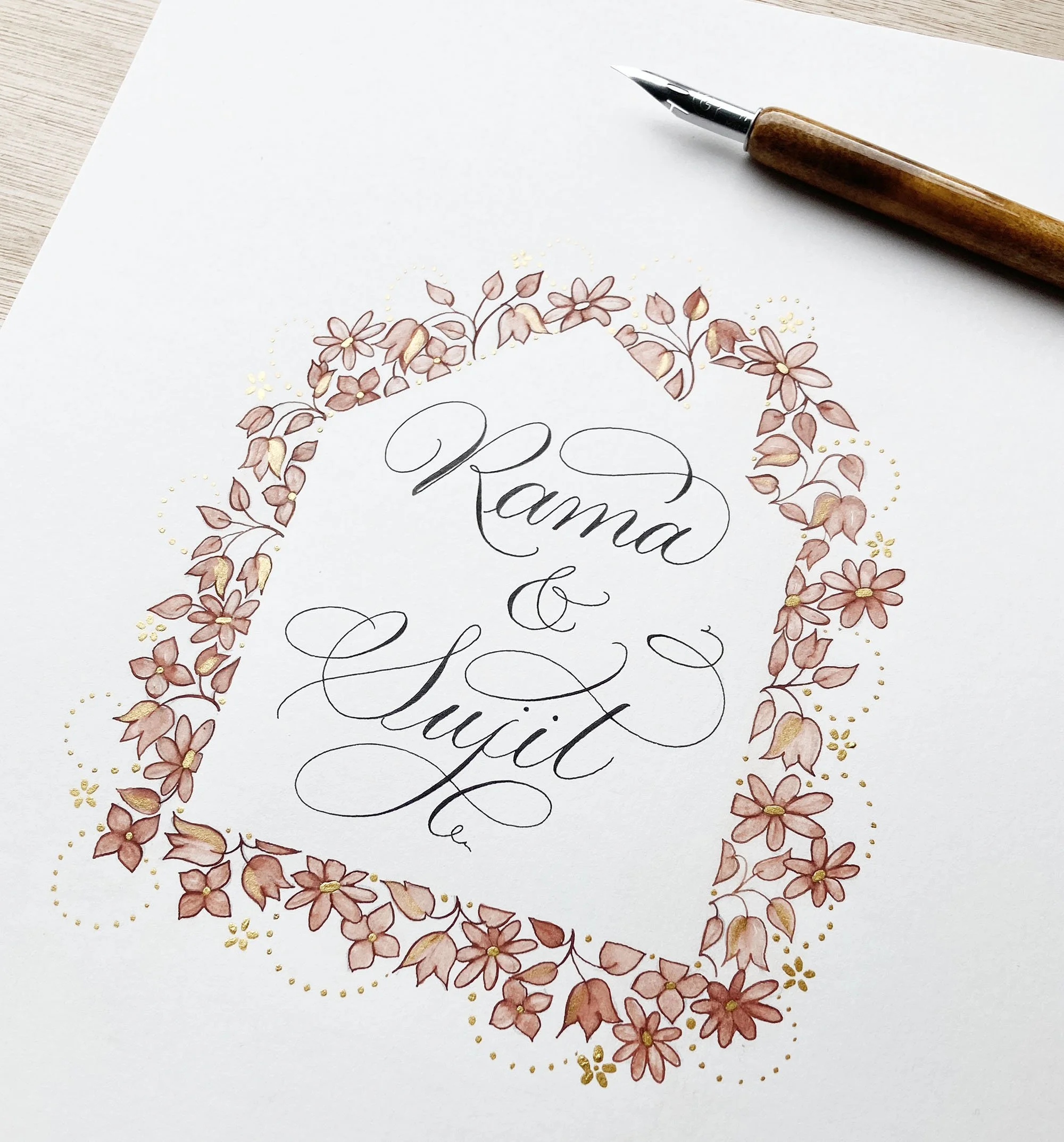 Names in calligraphy as a wedding gift illustrated with flowers Indian style