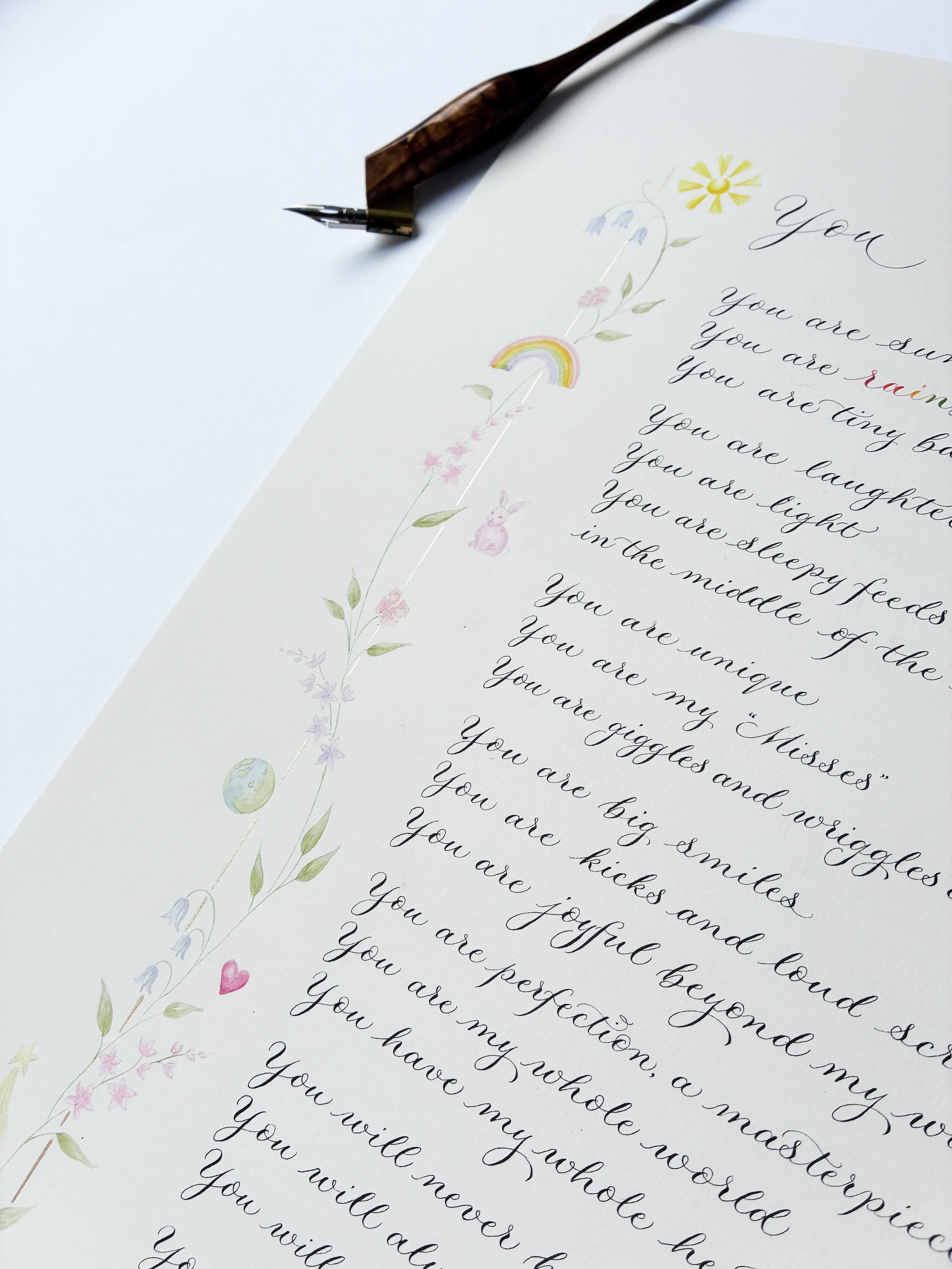 Calligraphy poem commission showing an illustrated border with delicate illustrations including flowers