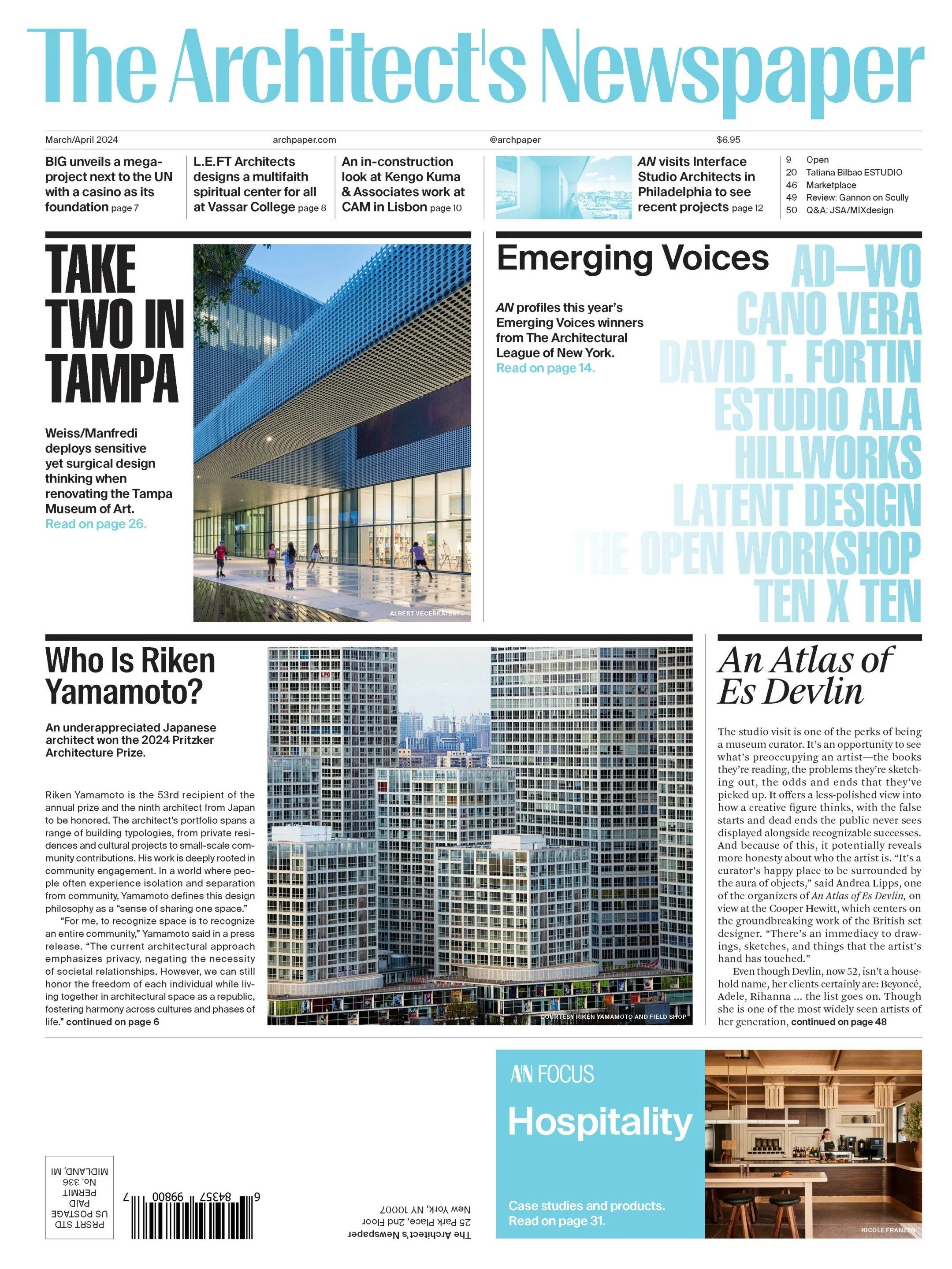Front page of The Architect's Newspaper with headlines, articles, and images of buildings and architecture projects.