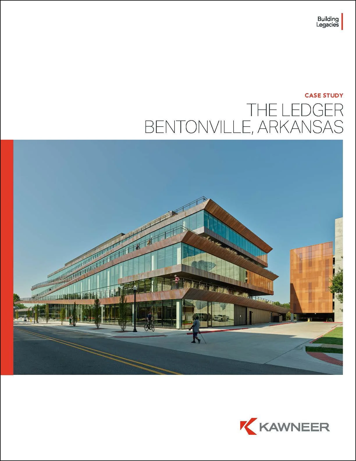 Cover page of a case study report titled 'The Ledger Bentonville, Arkansas' featuring a modern, multi-story glass and metal building with street view, people walking, and bicycle on a clear day.
