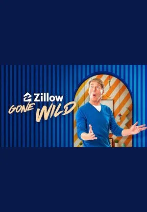 Promotional graphic for the TV show 'Gone Wild' by Zillow, featuring a man in a blue shirt gesturing with his hands, with a striped background and the show title.
