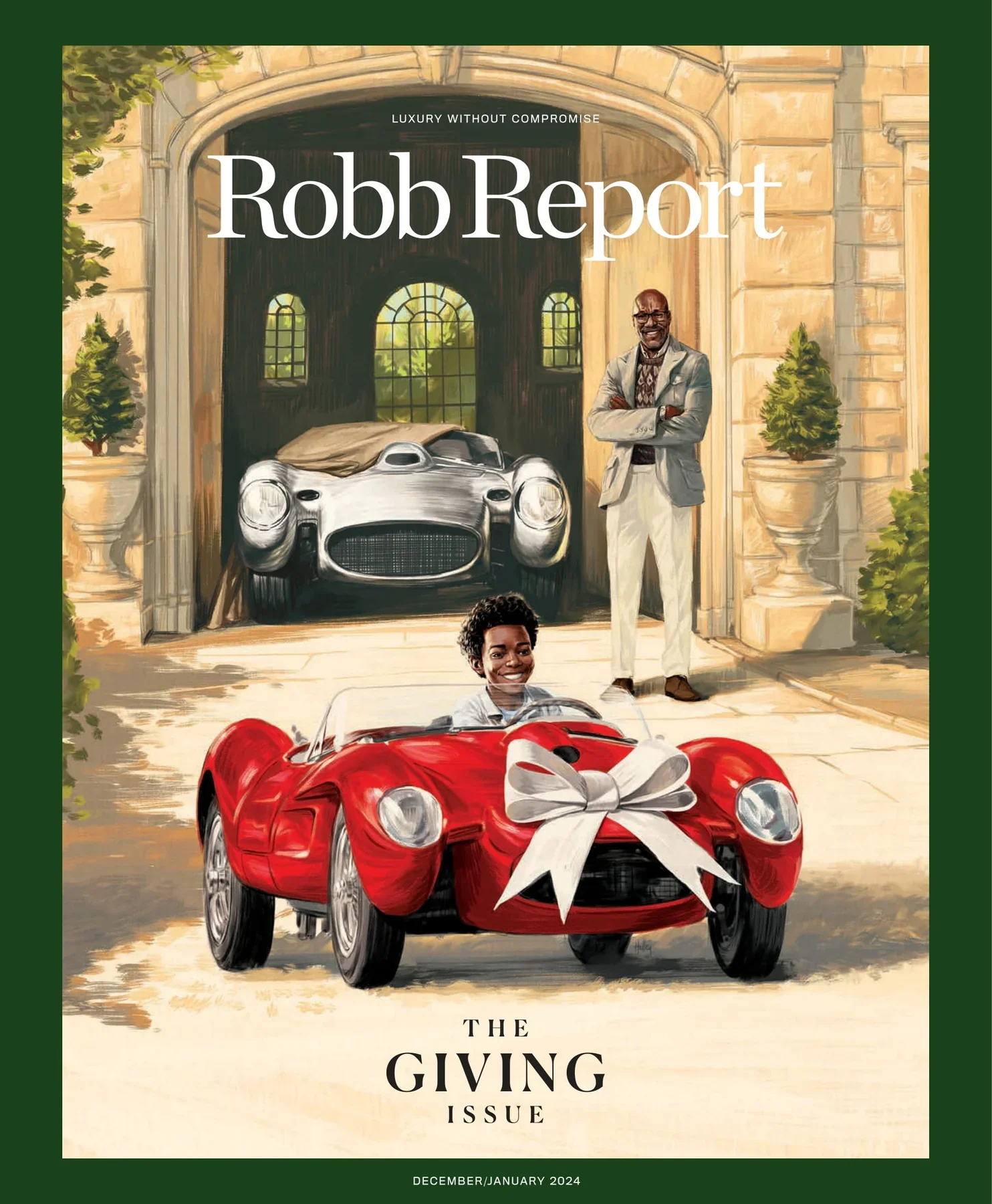Illustration of a person sitting in a red race car with a large white bow, parked outside a large estate with a vintage sports car in a garage and a smiling man standing in front of the entrance, on the cover of Robb Report magazine's December/January 2024 issue titled 'The Giving Issue'.