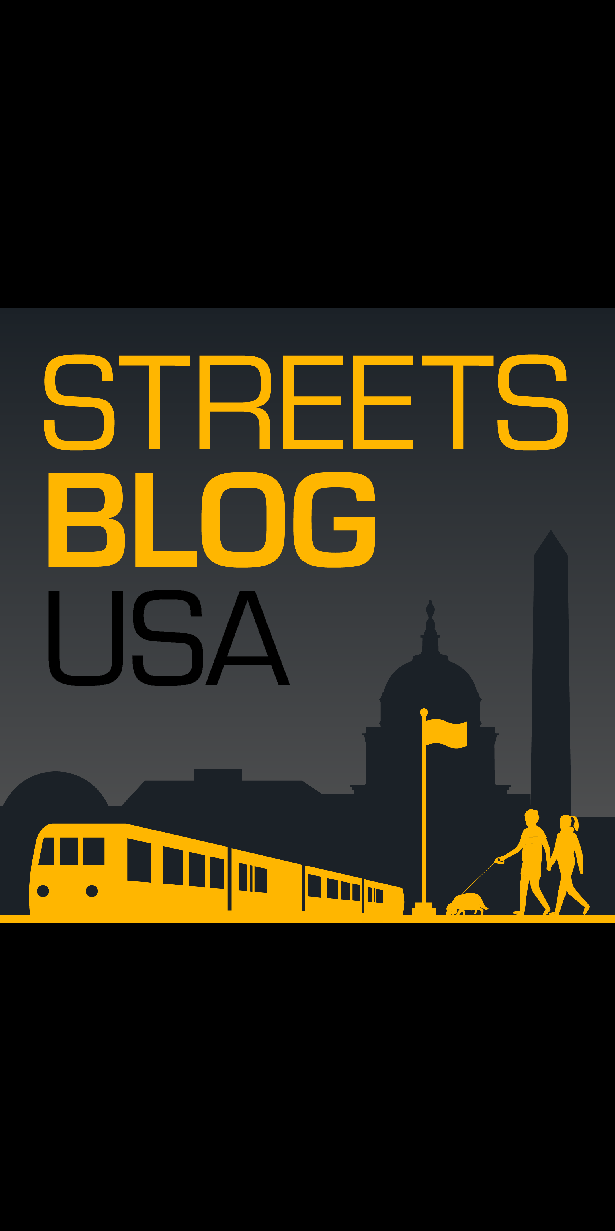 Cover image with silhouettes of a train, the Capitol building, the Washington Monument, and two people walking a dog in yellow and black colors, with the text 'Streets Blog USA' in large yellow and black letters.