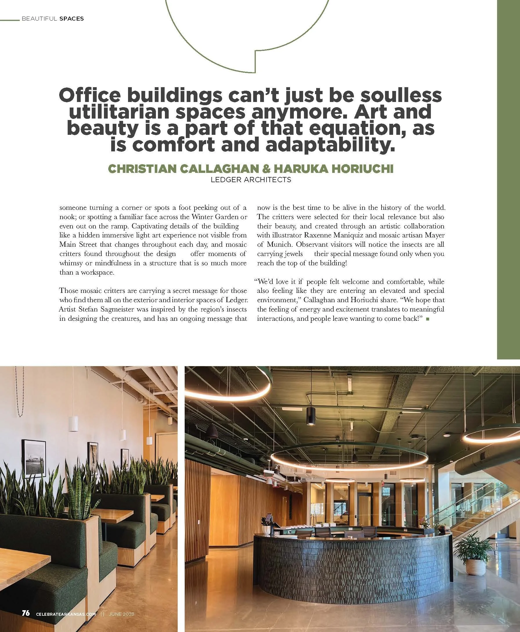 Photo of modern office interior with a reception desk, seating booths with greenery, and contemporary lighting fixtures.