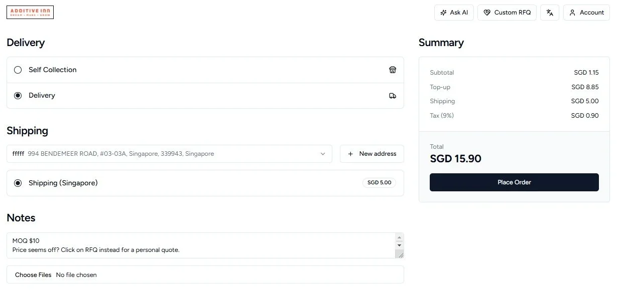 Online checkout page for a delivery order from Additive Inn, showing shipping details, notes, summary, and total cost in SGD.