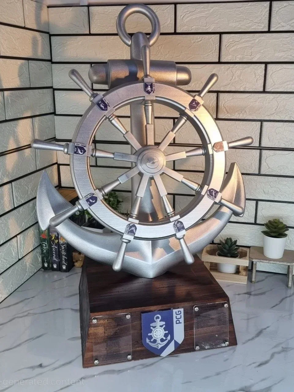 Decorative metal ship's wheel and anchor sculpture on a wooden base, with a crest and 'PCG' emblem, placed on a white marble surface against a brick wall.