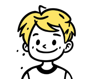 Cartoon drawing of a young boy with blonde hair, smiling, wearing a striped shirt.
