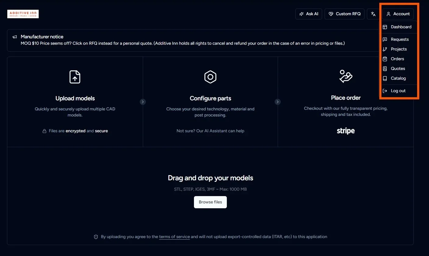 Screenshot of a website dashboard with a dark theme, featuring a user account menu on the right side, including options like dashboard, requests, projects, orders, quotes, catalog, and log out. The main section includes options to upload models, configure parts, place orders, and drag and drop 3D models for 3D printing or CAD modeling.