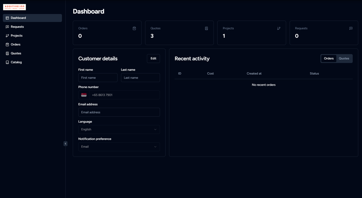 Dashboard interface with customer details form on the left and recent activity on the right, dark theme, side menu with options for Dashboard, Requests, Projects, Orders, Quotes, and Catalog.