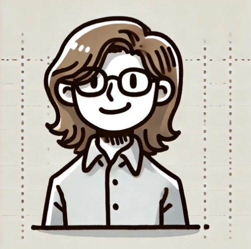 Cartoon drawing of a person with glasses, shoulder-length hair, wearing a collared shirt, smiling.