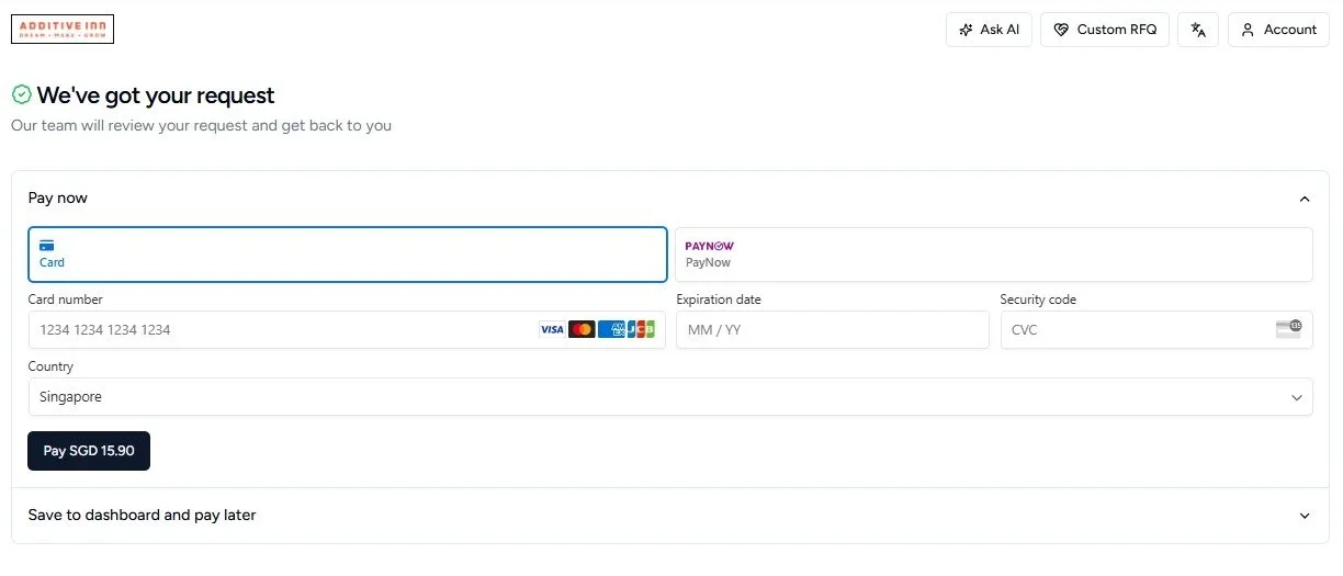 Screenshot of an online payment form with credit card details, expiration date, security code, country as Singapore, and a button to pay SGD 15.90, with a header indicating request submission and a decision to review by the team.