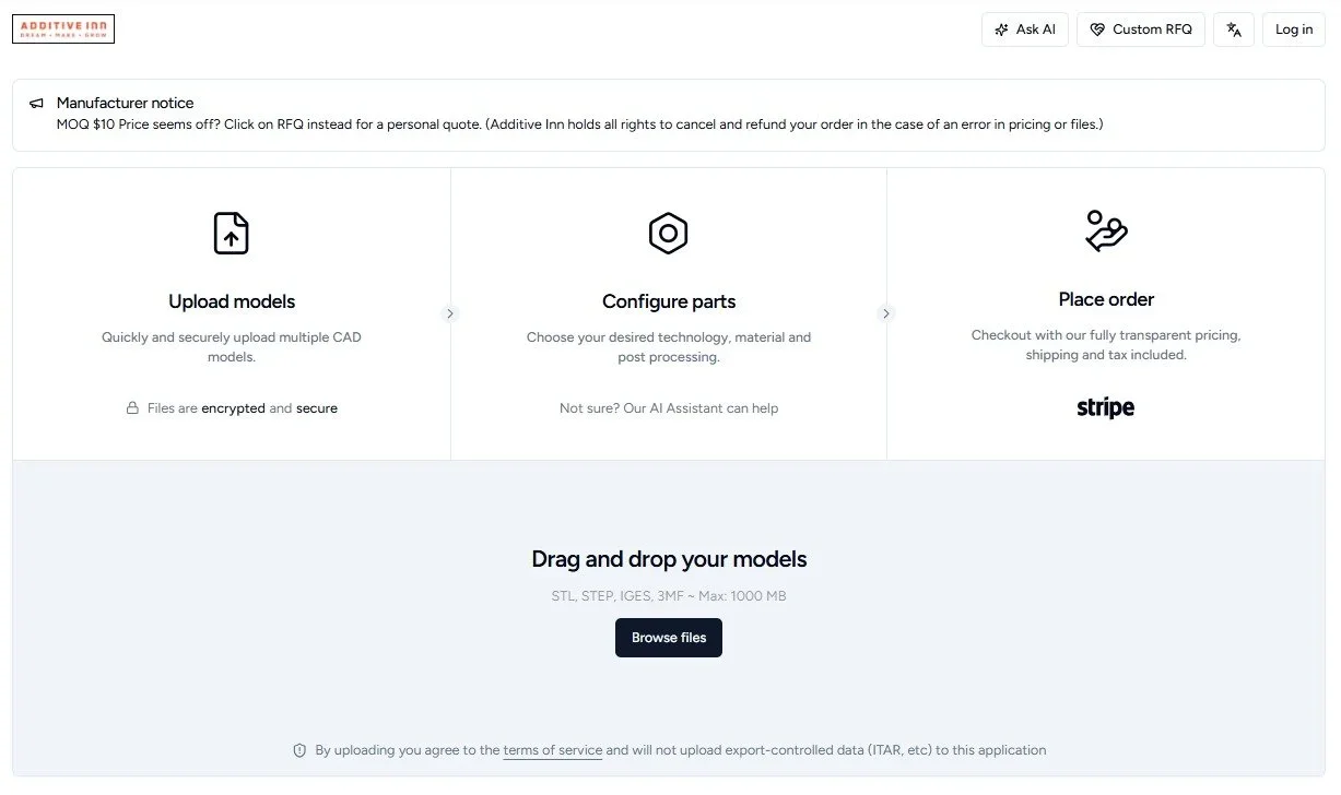 A webpage of Additive Inn showing sections for uploading CAD models, configuring parts, and placing orders. The page includes options to drag and drop files, browse files, and a place order button with transparent pricing. There are instructions and information about secure uploads and encrypted files.