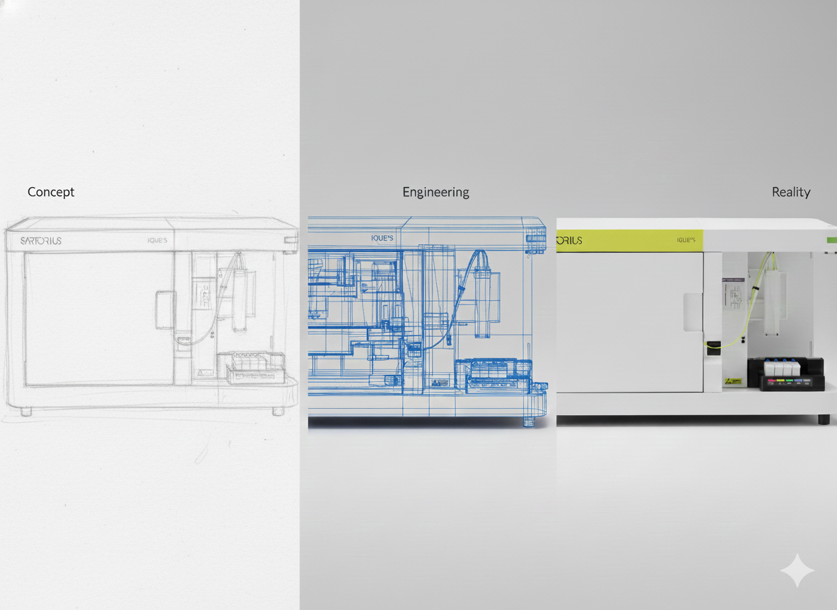 A device used for laboratory or industrial purposes, shown in three stages: concept sketch, engineering blueprint, and real-life appearance.
