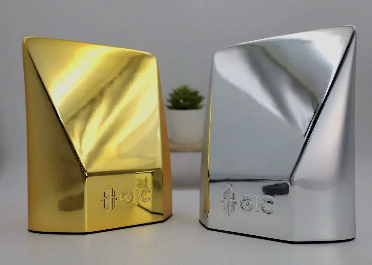 Two metallic Zippo lighters, one gold and one silver, with the GIC logo engraved on the front, placed on a white surface with a small potted plant in the background.