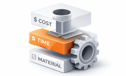 Clear cost and trade-offs icon showing layered blocks with an accent color section, representing transparent pricing and visibility into material, time, and production costs.