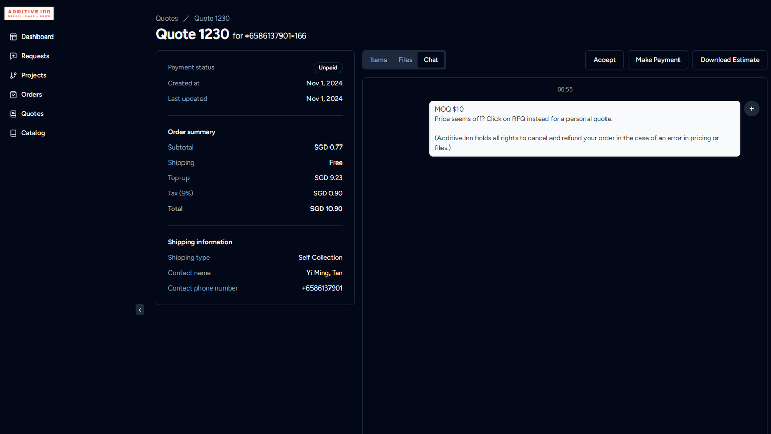 Screenshot of an online quote for a hotel reservation with details including total price of SGD 10.90, contact information, and chat message about price estimate.