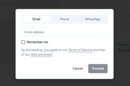 A digital form interface with options for Email, Phone, and WhatsApp, including fields for email address and a 'Remember me' checkbox, and 'Cancel' and 'Proceed' buttons.