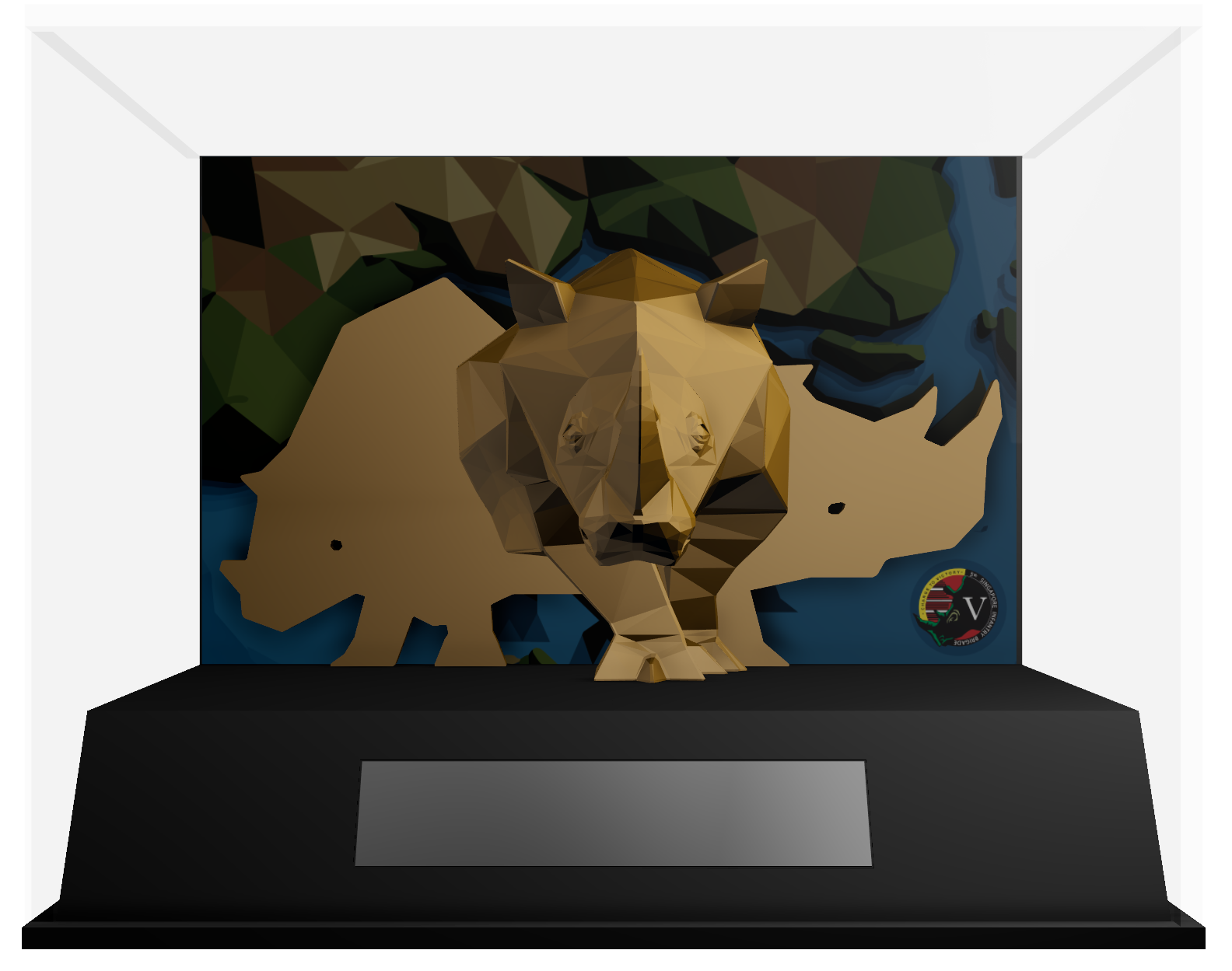 3D front preview of a golden rhino on a black base plate with a metal name plate, encased in an acrylic box