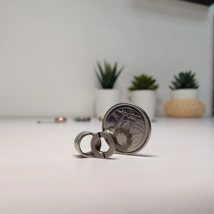 A 50-cent euro coin leaning against two small metal rings on a white surface, with three potted plants in the background.