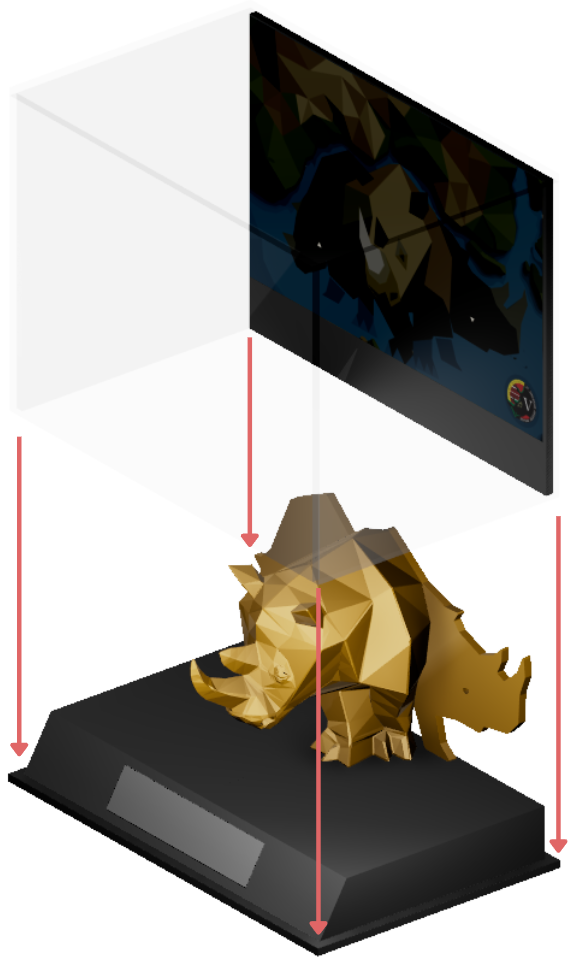 Visual guide of an acrylic case being fitted onto the base of a golden rhino trophy, in 3D