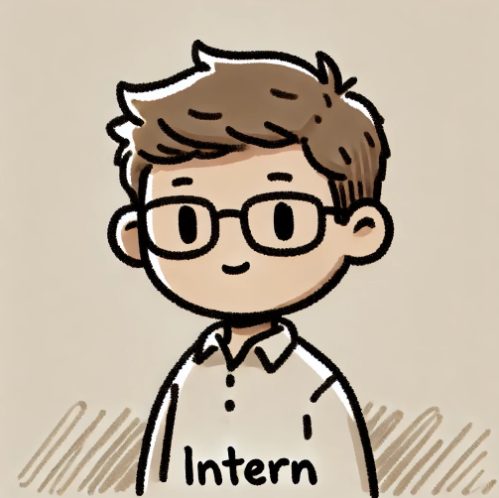 A cartoon illustration of a young man with brown hair and glasses, wearing a white shirt labeled 'Intern'.