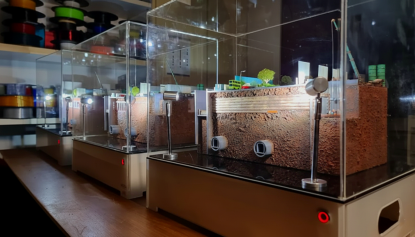 Three industrial-style miniature models of buildings, trees, and other structures displayed inside glass cases on a wooden surface.