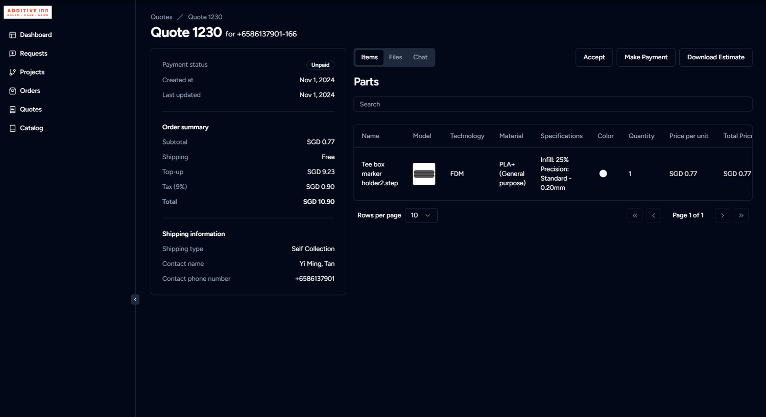 A digital order management dashboard for ADDITIVE INN with quote details, item list, shipping information, and project summary.