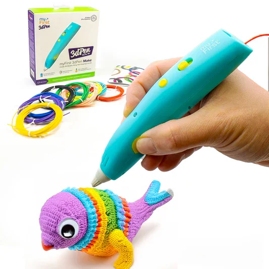 A hand holding a turquoise 3D pen drawing on a colorful knitted fish toy, with a box and multiple color filament coils in the background.