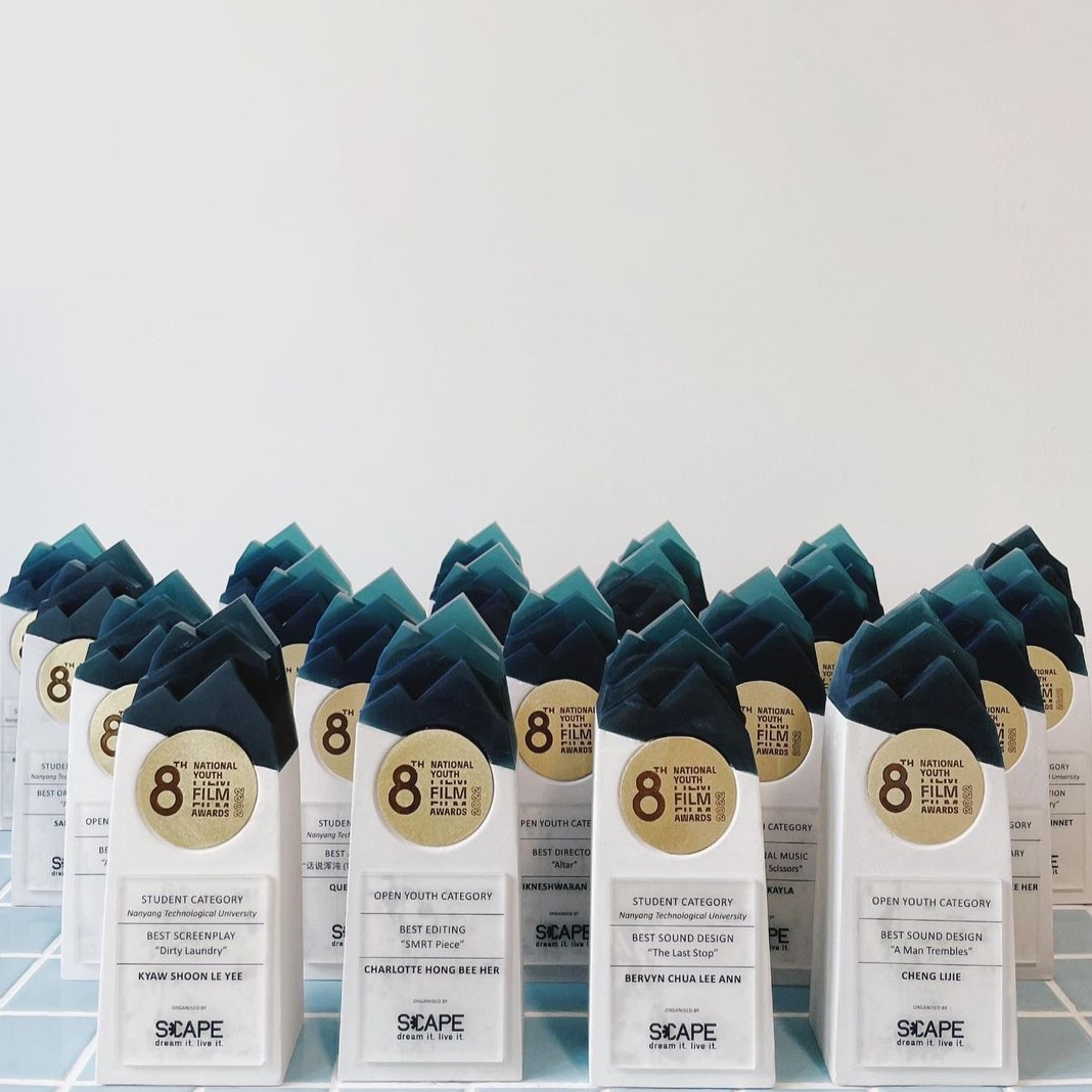 Multiple award trophies with black caps and white bases labeled for the 8th National Youth Film Awards, arranged on a table against a plain wall.