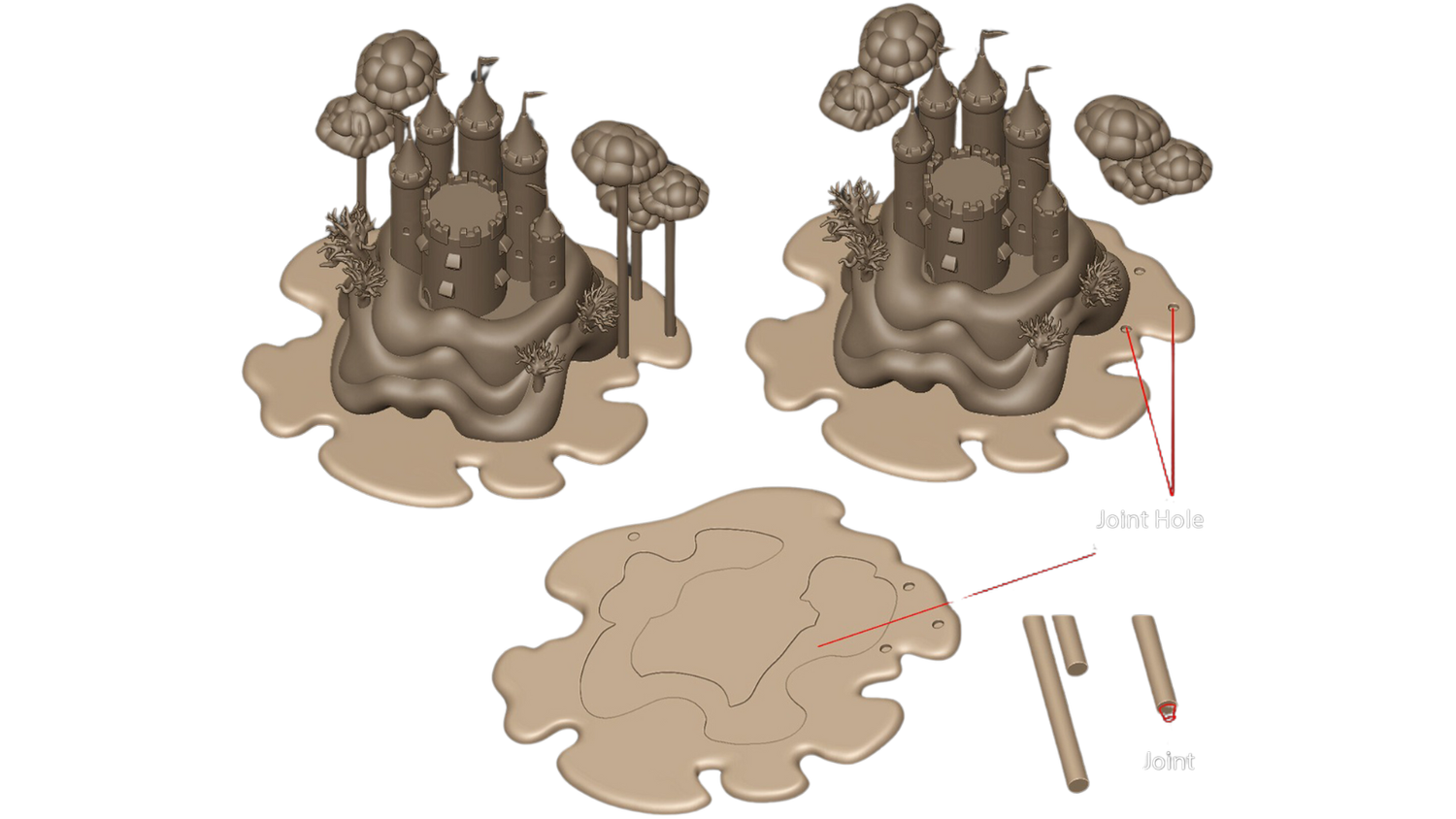 Diagram of a castle-themed tabletop game piece, showing assembled castle model, base, joint hole, and connecting rods.