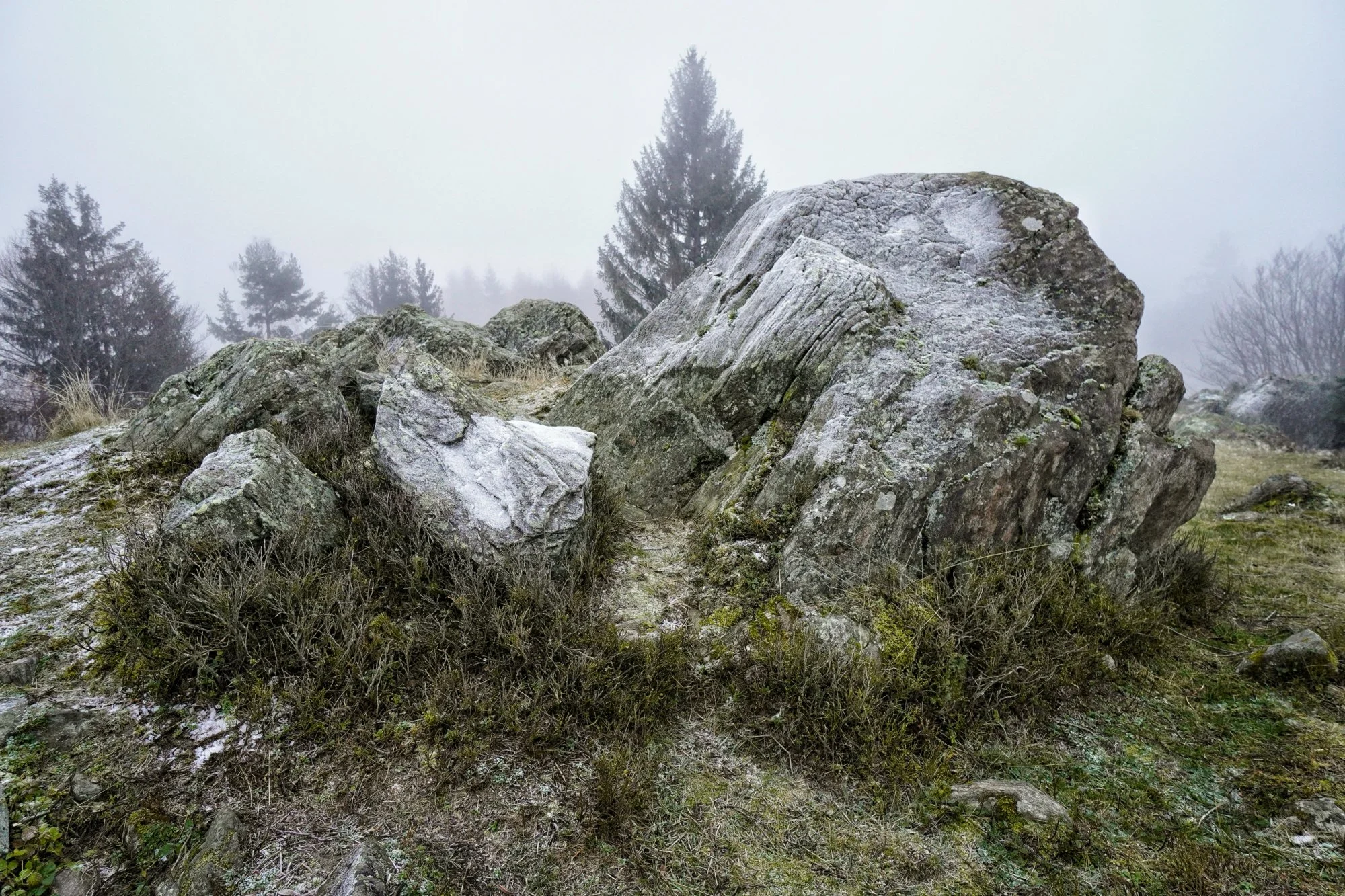 Uralte Felsriesen im Nebel – Frostige Heidelandschaft