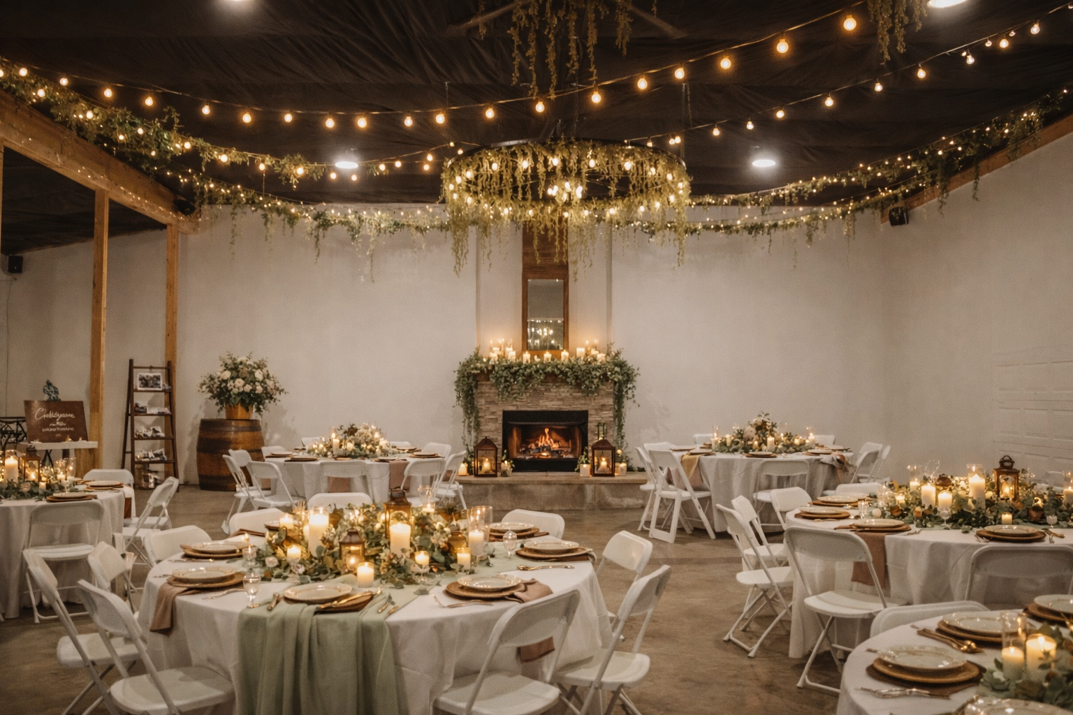 Indoor wedding reception with round tables covered in white tablecloths, decorated with candles, flowers, and gold accents. A fireplace with candles and greenery is at the back of the room, with string lights and hanging greenery on the ceiling.