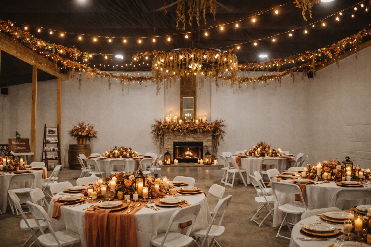 Wedding reception with round tables decorated with orange and peach floral arrangements, candles, and gold dinnerware. The room has a fireplace adorned with candles and flowers, string lights, and hanging floral decorations on the ceiling. A welcomin