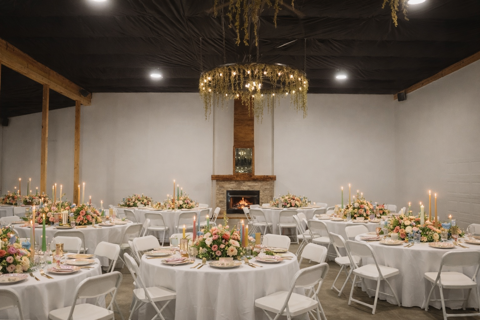 Elegant banquet hall decorated for a wedding or special event with round tables covered in white tablecloths, floral centerpieces, candles, and gold tableware, featuring a fireplace and a chandelier with hanging greenery.