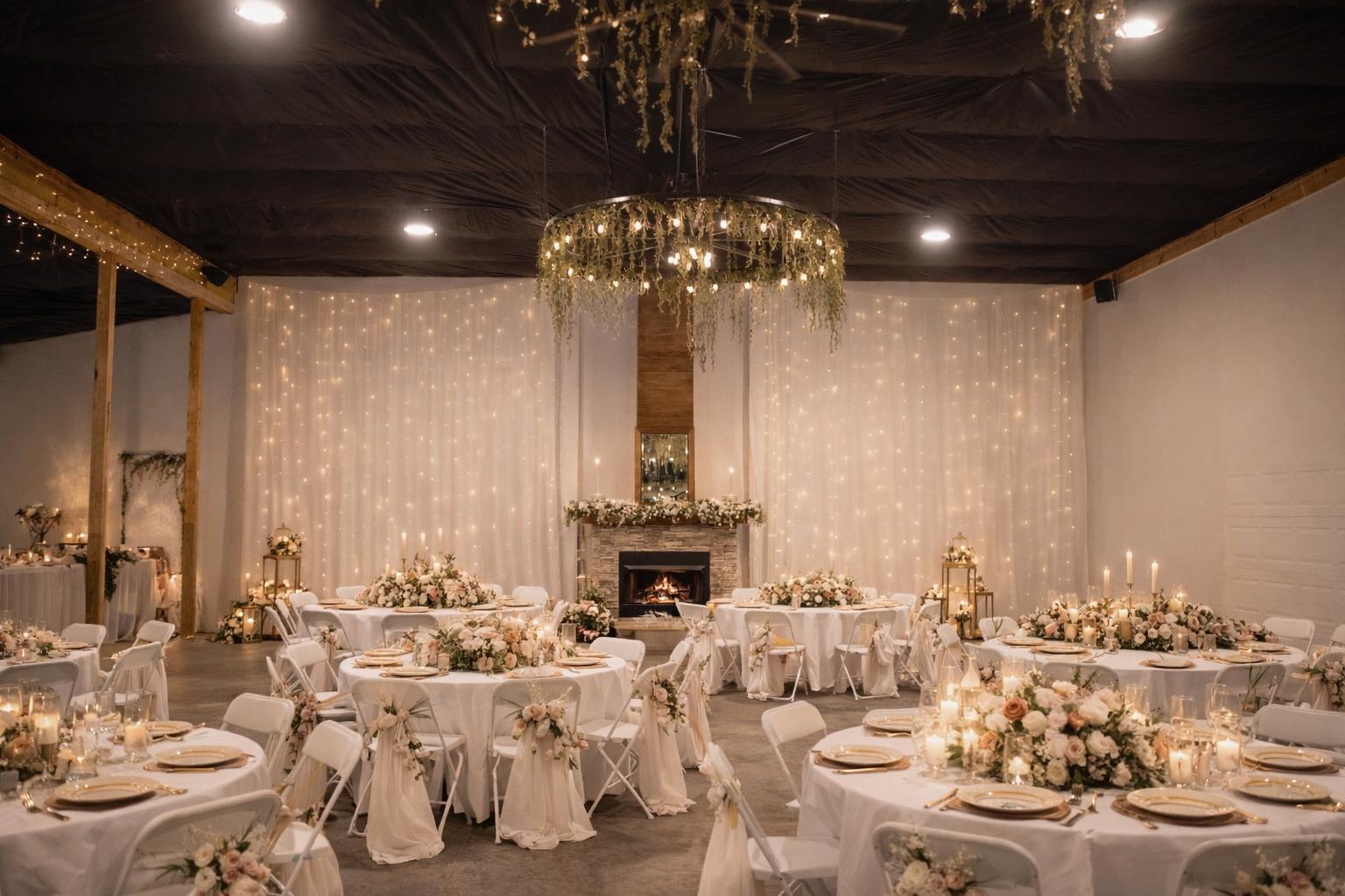 Elegant indoor wedding reception decorated with white tablecloths, floral centerpieces, candles, and string lights, with a fireplace and draped backdrop in the background.