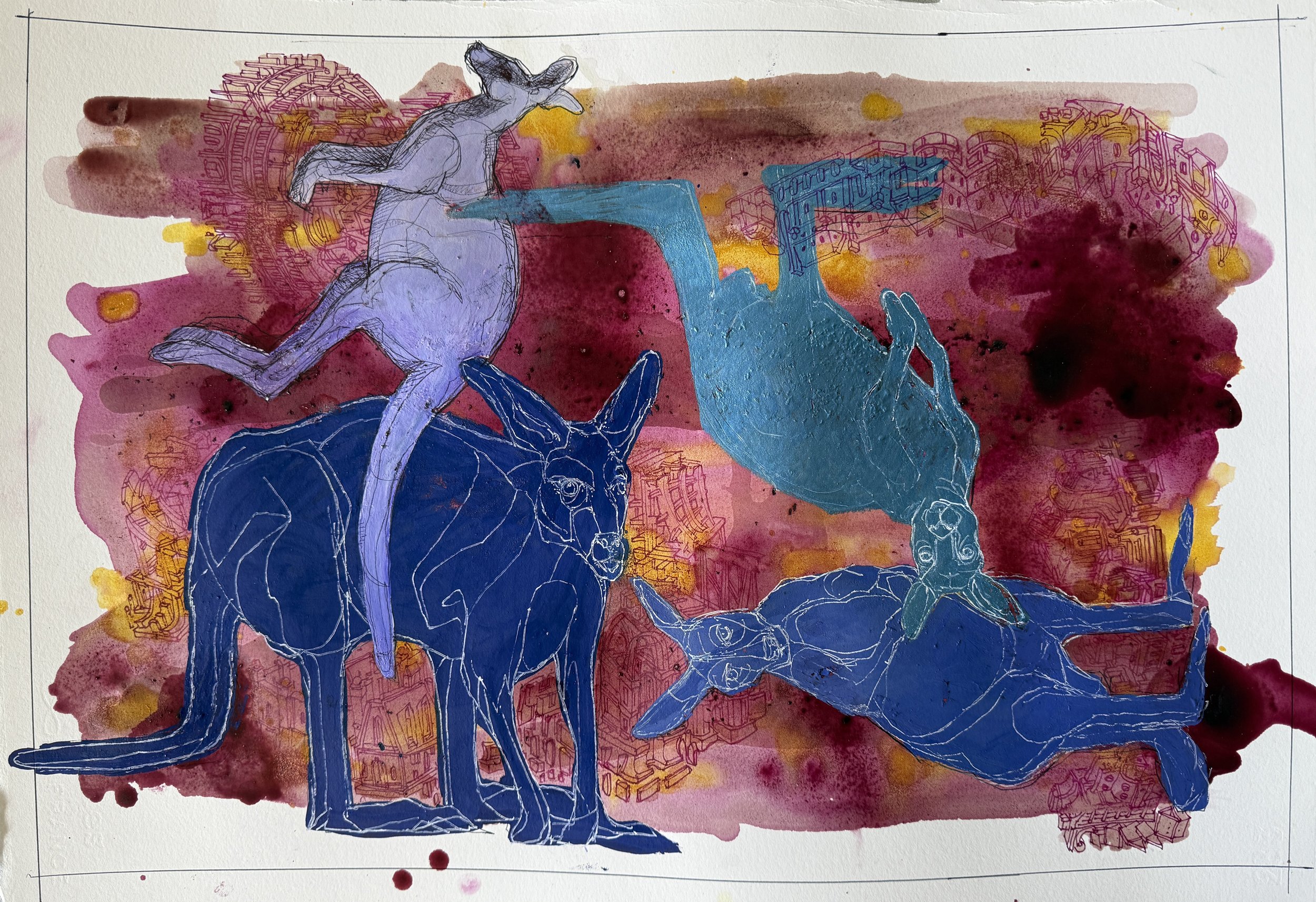 Kangaroos (beet juice, pomegranate juice, turmeric, acrylic, ink on Arches paper)